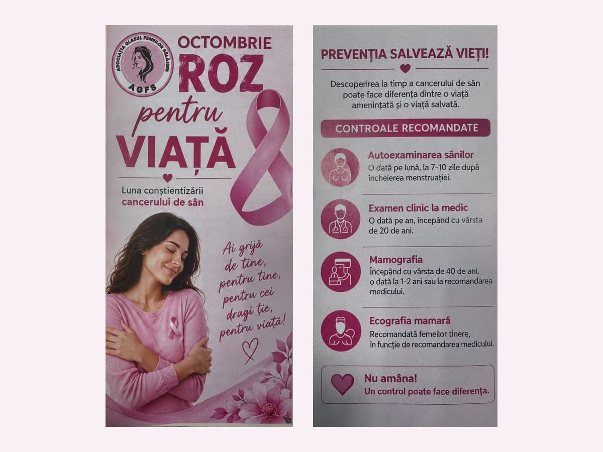 Pliantul campaniei „Octombrie Roz pentru Viață” al Asociației Glasul Femeilor Sălăjene, alături de pagina cu controalele recomandate